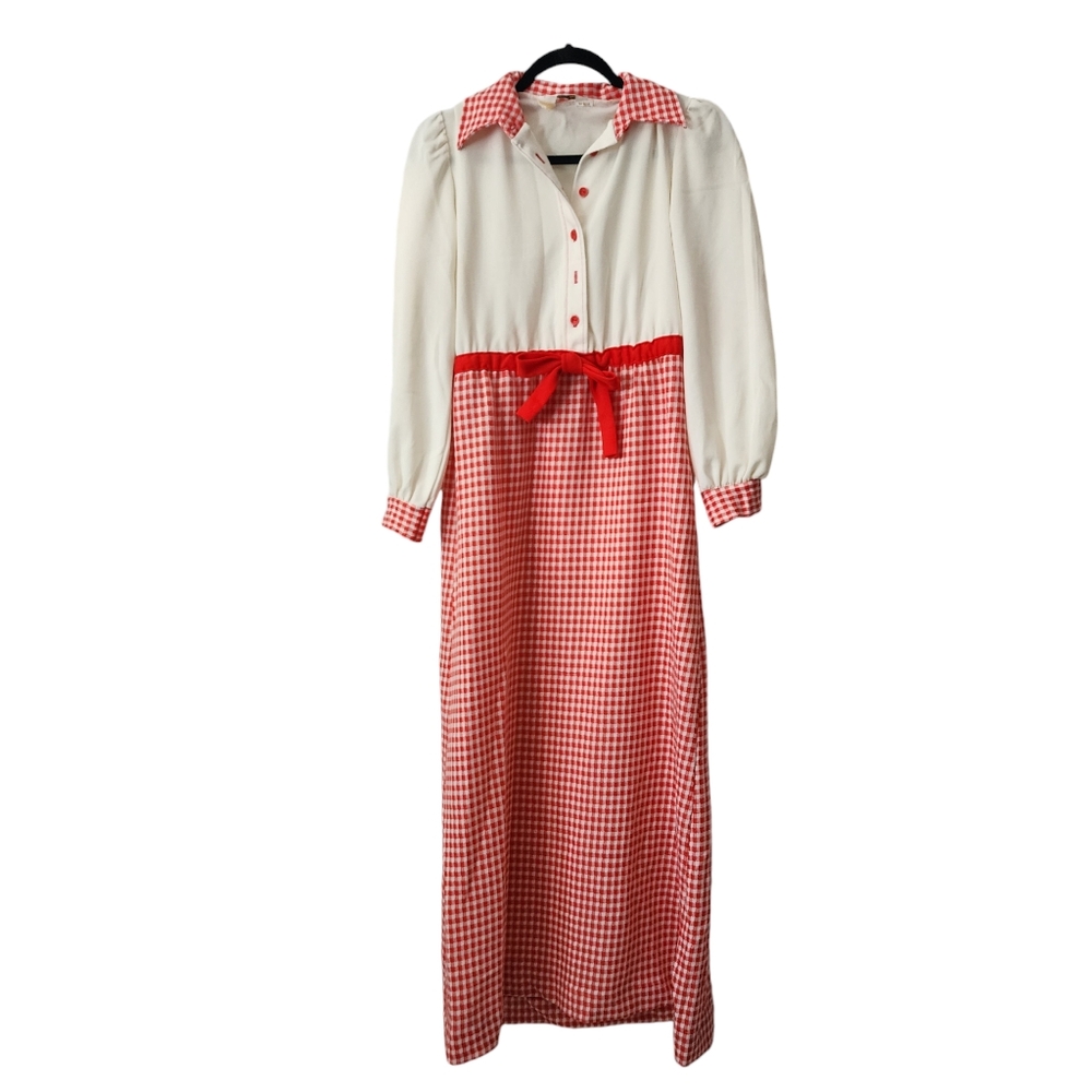 1970s Vintage Longsleeve Polyester White and Red Gingham Maxi Dress